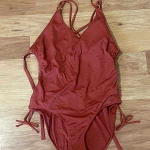 Orange ribbed one piece swim suit